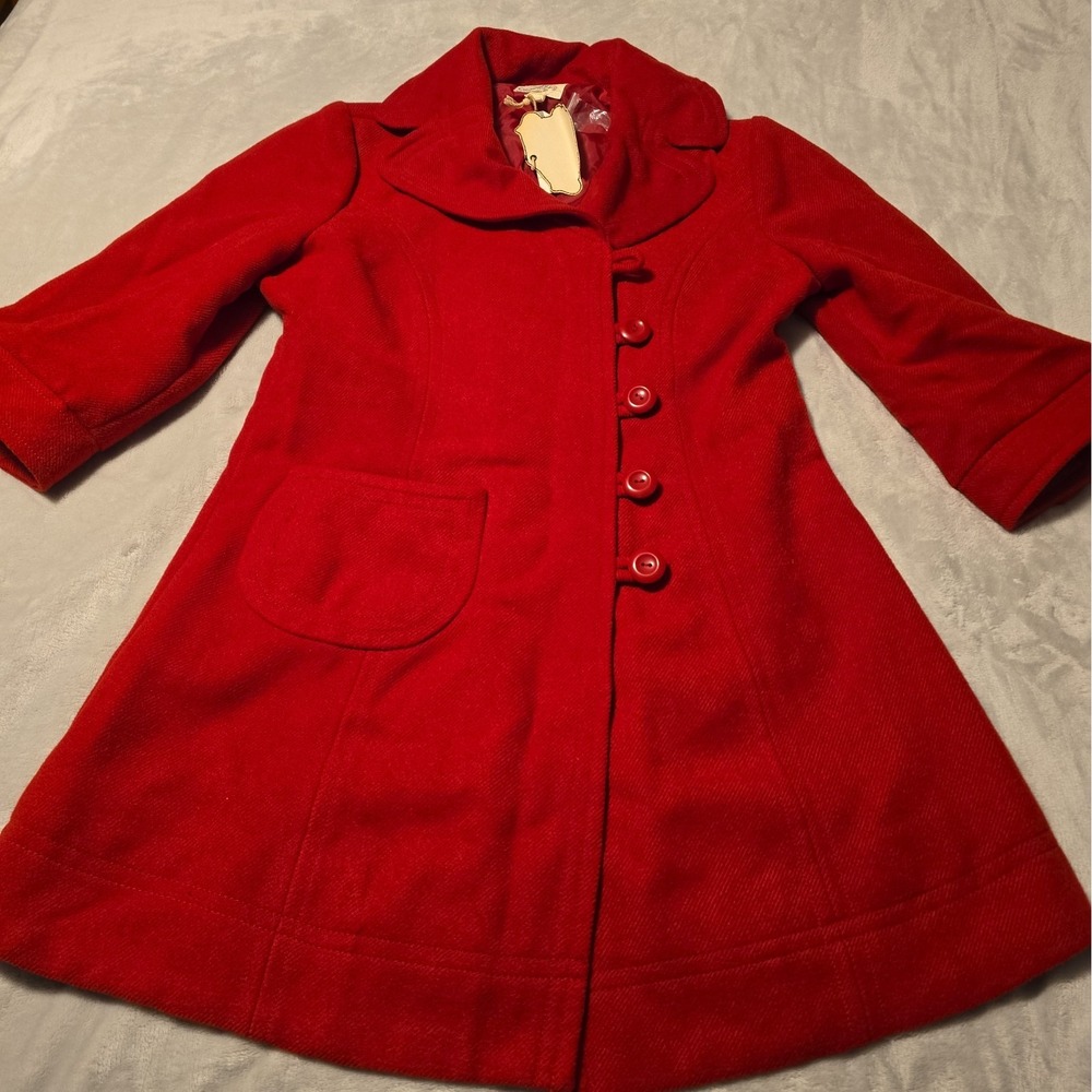Anthropology Tulle Red Button Front Pea Coat Off Center Buttons 3/4 Sleeve New